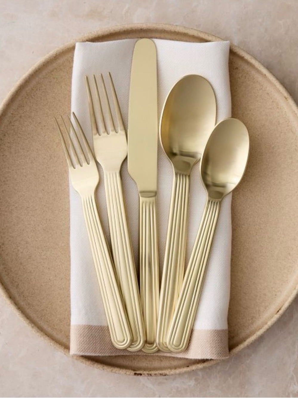 New West Elm Grooved Satin Flatware Champagne Utensils Set of 20 MSRP$196